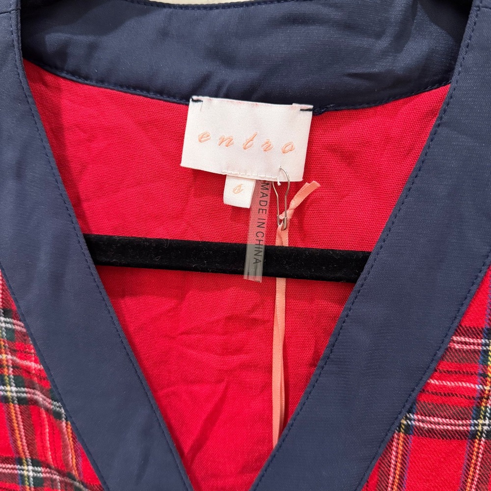 Entro Red Plaid Ruffle Sleeve Mini Dress Navy Bow Accent Gold Button Front L - Picture 3 of 5